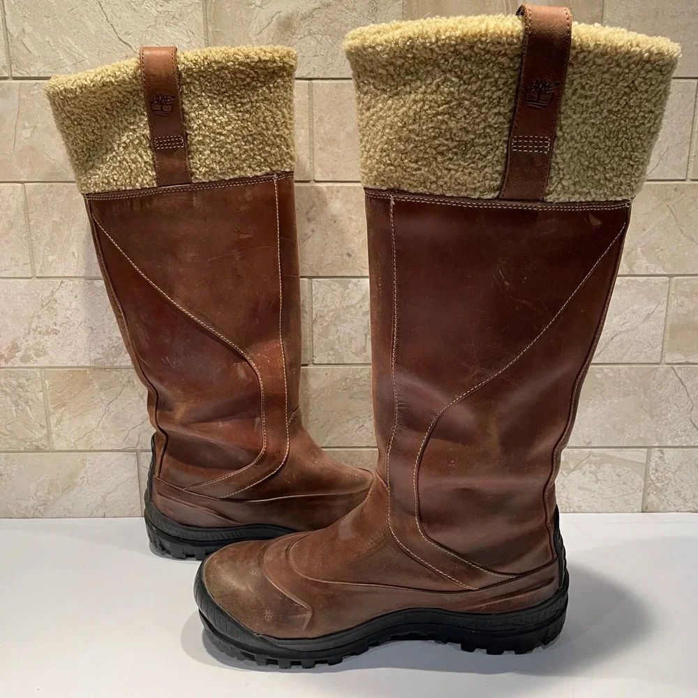 Timberland Brown Leather Faux Shearling Tall Winter Boots Womens 7M